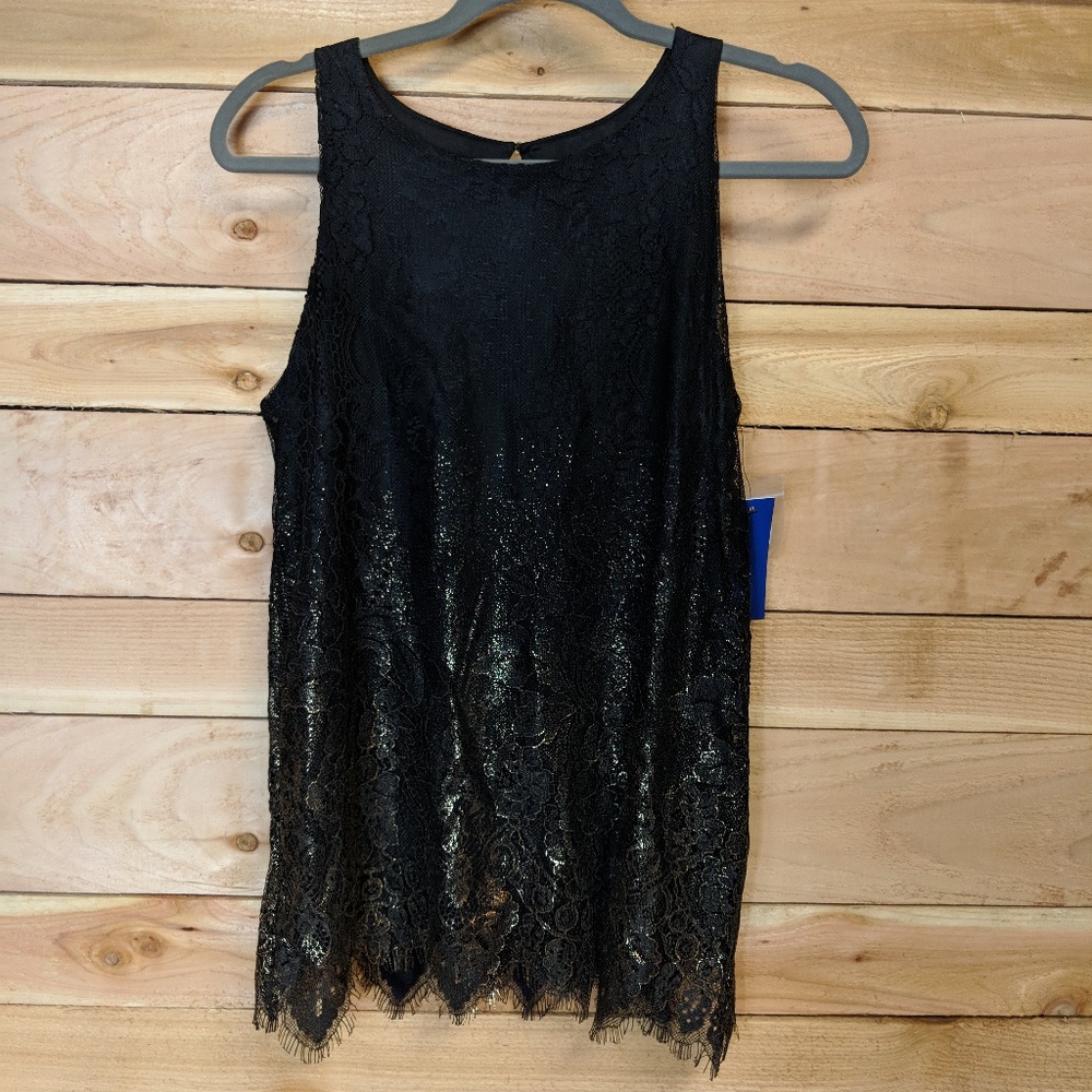 Apt 9 Black Tie Gold Foil Fringe Lace Tank Top XS